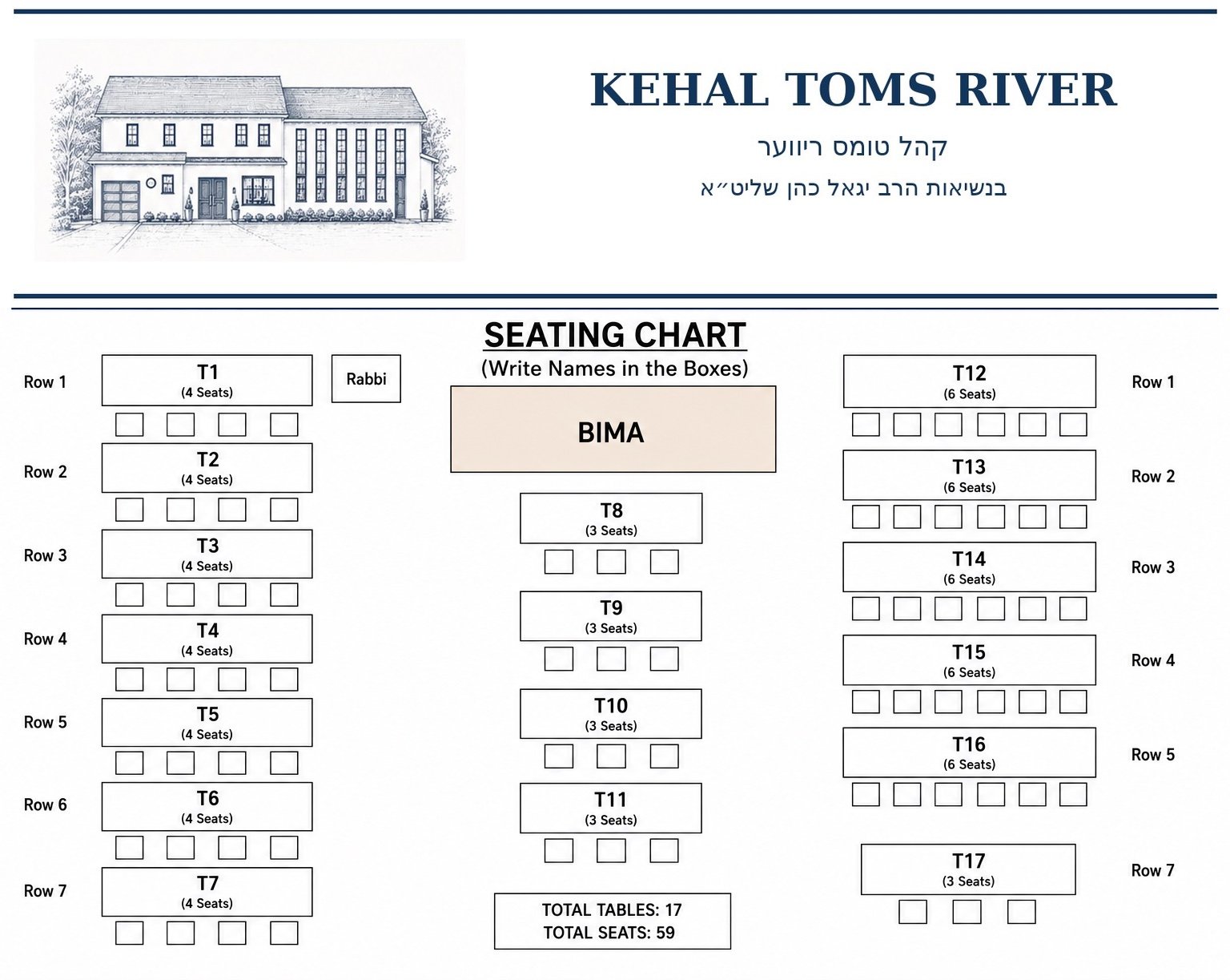 Kehal Toms River seating chart T1 through T17